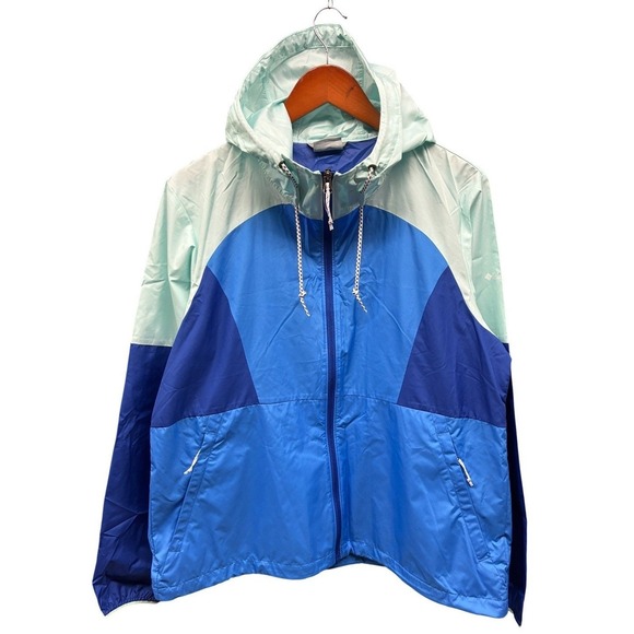 Columbia Jackets & Blazers - Columbia Colorblock Windbreaker Jacket Womens XL Blue Hooded Outdoor Hiking